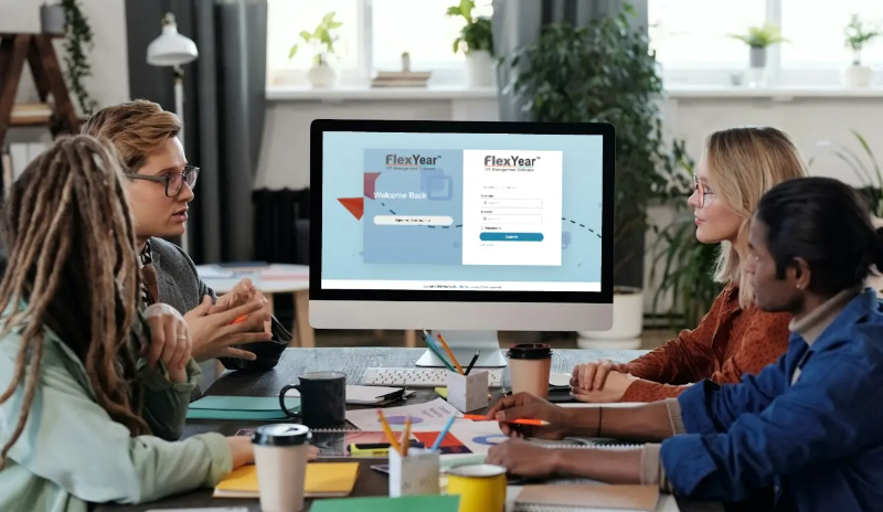 FlexYear HR management software dashboard demonstrating time tracking and team communication for businesses